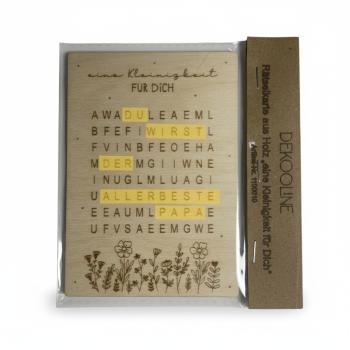 Rätselkarte aus Birkenholz mit Schriftzug „Herzensbotschaft für Dich“ zur Schwangerschaftsverkündung